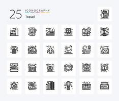 Reise-Icon-Pack mit 25 Linien inklusive Karte. Route. Eisenbahn. Post. Handbuch