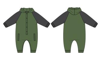 Langarm-Bodysuit Hoodie Strampler technische Modeskizze Vektor Modevorlage für Kinder.