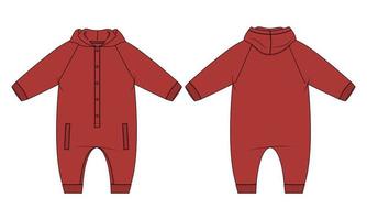 Langarm-Bodysuit Hoodie Strampler technische Modeskizze Vektor Modevorlage für Kinder.