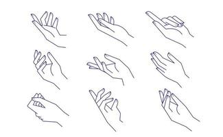 ästhetische Hände lineare Vektorgrafiken. Stilisierte elegante Handzeichnungen mit verschiedenen Gesten. vektor