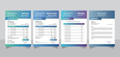 kreatives Geschäft Rechnung Rechnungsform Preisliste Angebotspreisliste Briefkopf-Designvorlage in 4 verschiedenen Farbvektoren vektor