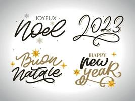 glad jul uppsättning 2023 Lycklig ny år, typografi text bricka emblem citat uppsättning samling. vektor logotyp design för vykort, inbjudan, hälsning kort, affisch, gåva.