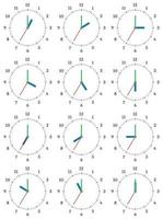 en uppsättning av mekanisk klockor med ett bild av varje av de tolv timmar. klocka ansikte på vit bakgrund. vektor