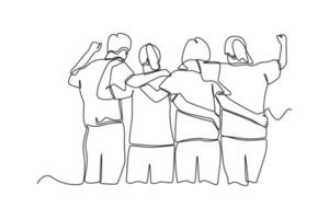 durchgehende einzeilige Rückansicht einer Gruppe von Männern und Frauen, die zusammen stehen und sich umarmen, um ihre Einheit zu zeigen. teamarbeitskonzept. einzeiliges zeichnen design vektorgrafik illustration. vektor