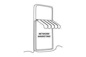 Smartphone-Bildschirm mit fortlaufender einzeiliger Zeichnung mit Shop-Überdachungssymbol. Marketingkonzept. einzeiliges zeichnen design vektorgrafik illustration. vektor