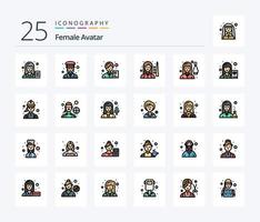 kvinna avatar 25 linje fylld ikon packa Inklusive slå samman. biljard. polis. kvinna. asiatisk vektor