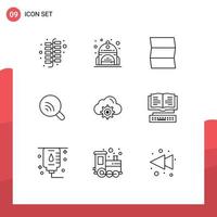 satz von 9 modernen ui-symbolen symbole zeichen für buchausrüstung reiseeinstellung signal editierbare vektordesignelemente vektor