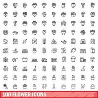 100 blomma ikoner set, kontur stil vektor