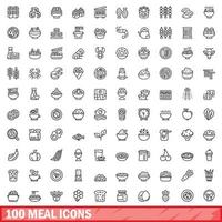100 måltid ikoner set, kontur stil vektor