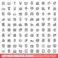 100 Multimedia-Icons gesetzt, Umrissstil vektor