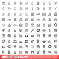 100 Geschichtssymbole gesetzt, Umrissstil vektor