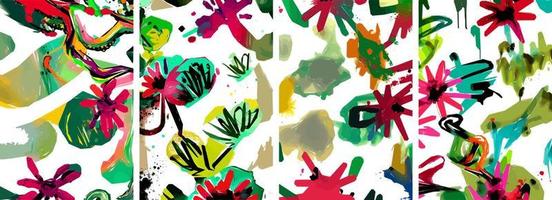 uppsättning av hand dragen abstrakt natur bakgrund. vektor färgrik vattenfärg bläck klotter tropisk löv blommor, stänker och former, bakgrund för papper, omslag, tyg, interiör dekor.