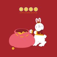 frohes chinesisches neujahr mit text, jahr des kaninchentierkreises, asiatisches kulturfestivalkonzept mit gold auf rotem hintergrund, flaches vektorillustrationszeichentrickfilm-figurendesign vektor