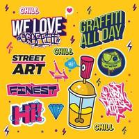 en uppsättning av färgrik eller vibrerande graffiti konst klistermärken. gata konst tema, urban stil för t-shirt design, graffiti design för tapet, vägg konst eller skriva ut konst mönster. vektor