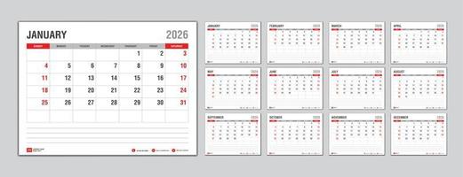 Monatskalendervorlage für 2026 Jahr, Woche beginnt am Sonntag, Planer 2026 Jahr, Wandkalender im minimalistischen Stil, Tischkalender 2026 Vorlage, Neujahrskalenderdesign, Geschäftsvorlagenvektor vektor