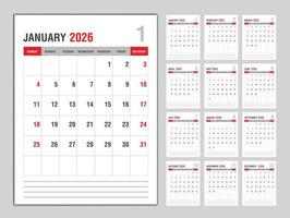 en gång i månaden kalender mall för 2026 år, vecka börjar på söndag, planerare 2026 år, vägg kalender i en minimalistisk stil, skrivbord kalender 2026 mall vertikal layout, företag mall vektor