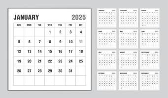 Kalender 2025 Jahr schwarzes Design, monatliche Kalendervorlage für 2025 Jahr, Woche beginnt am Sonntag, minimalistische Wandkalender 2025 Vorlage, Planer, Geschäftsvorlagenvektor vektor