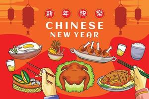 baner fira kinesisk ny år dag med utsökt mat tjänande vektor