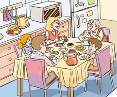 nette glückliche familie frühstücken zusammen karikaturvektorillustration vektor