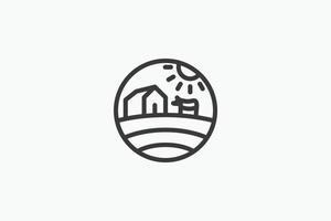 Line Art Farming Logo mit einer Kombination aus Scheune, Feldern, Kuh und Sonne. vektor