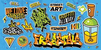 en uppsättning av färgrik eller vibrerande graffiti konst klistermärken. gata konst tema, urban stil för t-shirt design, graffiti design för tapet, vägg konst eller skriva ut konst mönster. vektor