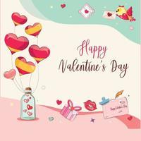 glückliches valentinstagplakat. Feiertagshintergrund mit Herzballons, Flaschen, Geschenken, Lippen, Vögeln und Einladungsumschlägen. vektorillustration mit text glücklichem valentinstag. vektor