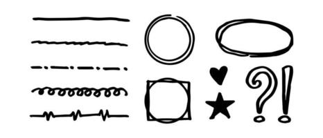 Vektorsatz von Doodle-Elementen, Unterstreichung, Kreis, Rahmen, Liebe, Stern und anderen, für Konzeptdesign. vektor