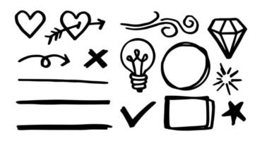Vektorsatz von Doodle-Elementen, Unterstreichung, Kreis, Rahmen, Liebe, Stern, Wind, Diamant, Lampe und anderen, für Konzeptdesign. vektor