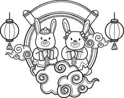 hand gezeichnetes chinesisches kaninchen lächelnd und glückliche illustration vektor