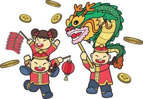 handgezeichnete chinesische kinder tanzen drachen und haben spaß an der illustration vektor