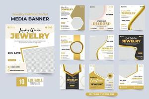 Schmuckgeschäft Social Media Post Collection mit goldenen und dunklen Farben. Ornament Store Werbeplakatsammlung für digitales Marketing. Luxus-Schmuck-Web-Banner-Paket mit abstrakten Formen. vektor