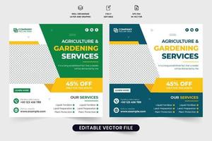 trädgård förvaltning och gräsmatta klippning service affisch mall. lantbruk jordbruk företag social media posta vektor med grön och gul färger. trädgårdsarbete service rabatt mall för marknadsföring.