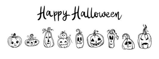 uppsättning av hand dragen pumpor för halloween. handskriven text halloween, död eller behandla och Lycklig halloween. halloween vektor illustration.