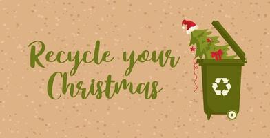 weihnachtsbaum mit girlande und weihnachtsmütze in einem behälter mit recycling-schild. Reinigung nach dem Urlaub. umweltfreundlich, grüner Urlaub, vernünftiger Verbrauch. horizontales Banner für Website, Flyer. vektor