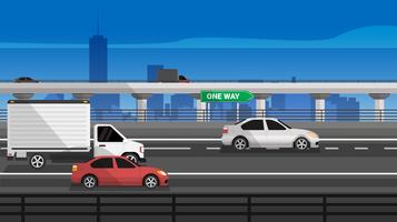 Motorväg med bil och lastbil vektor illustration
