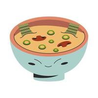 söt skål med traditionell koreanska vegan miso soppa mat illustration med tång svamp grön lök. vektor stock illustration isolerat på vit bakgrund. platt stil