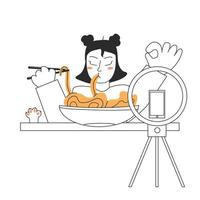 en ung kvinna är filmning en utsända av äter Ramen mukbang spaghetti koreanska kultur. mat begrepp. vektor stock illustration isolerat på vit bakgrund i platt stil