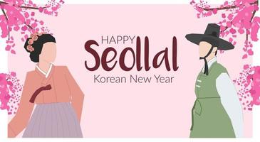 fröhliches seollales koreanisches neujahrs-webbanner-design mit frau und mann in hanbok - koreanische traditionelle kleidung und ein zweig mit einer rosa blume. Vektorvorratillustration auf rosa Hintergrund vektor