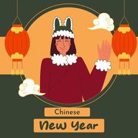 chinesisches neujahrs-webbanner-design mit frau in traditioneller chinesischer kleidung und laternenelementen. Vektorvorratillustration. vektor