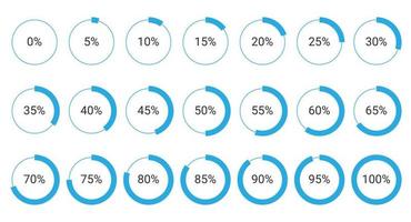 uppsättning av cirkel procentsats diagram från 0 till 100 för infografik, ui, webb design. indikator med blå vektor