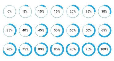 uppsättning av cirkel procentsats diagram från 0 till 100 för infografik, ui, webb design. indikator med blå vektor