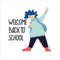 Välkommen tillbaka till skola baner. Lycklig skolbarn vektor illustration i platt stil design och hand text