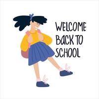 Välkommen tillbaka till skola baner. Lycklig skolbarn vektor illustration i platt stil design och hand text