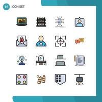 Flache, farbig gefüllte Linienpackung mit 16 universellen Symbolen der Kommunikation Instagram Obst Kontakt Netzwerk editierbare kreative Vektordesign-Elemente vektor