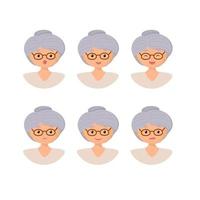 süße Großmutter-Symbole. Kopf-Avatar-Charakter. satz alter weiblicher gefühle. Gesichtsausdruck. flache Design-Vektor-Illustration vektor