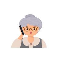 vektor karaktär illustration av äldre kvinna talande på smartphone. ikon mormor använder sig av mobil telefon. familj, mobil internet, social media, modern kommunikation teknologi begrepp.