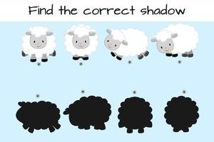 Finden Sie den richtigen Schatten. pädagogisches Logikspiel für Kinder. süße lustige Schafe. Vektor-Illustration isoliert auf weißem Hintergrund. vektor