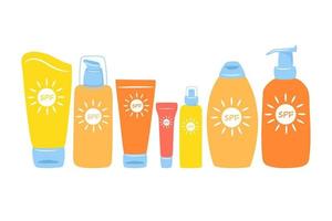 Sonnenschutzflaschen. Sonnenschutz-Kosmetikflaschen. Lichtschutzfaktor, UV-Schutz. Vektor-Illustration isoliert auf weißem Hintergrund. vektor