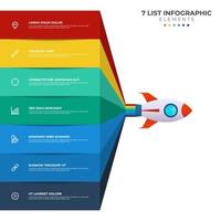 Listendiagramm mit 7 Schritten, Sequenz, buntem Raketenstartstart, Infografik-Elementvorlagenvektor. vektor