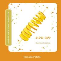 traditionell koreanska gata mat vriden spiral pommes frites affisch. koreanska hweori gamja. översättning från koreanska tornado potatis. asiatisk mat mellanmål. vektor illustration.